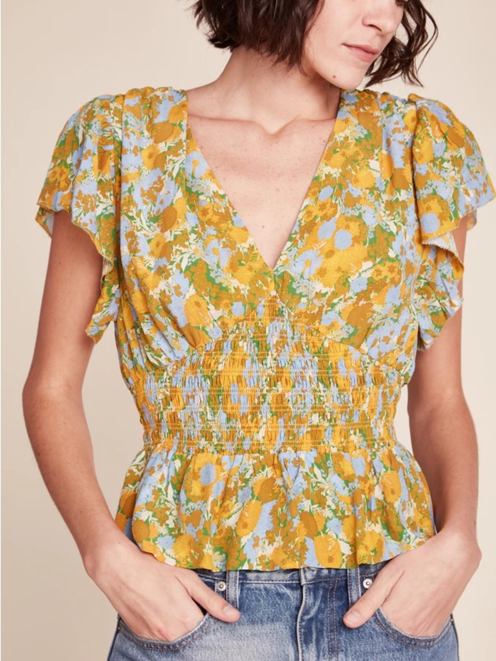 TROVATA Floral Silk Blend Ruffle Sleeve Peplum V-Neck Smocked Blouse MEDIUM
